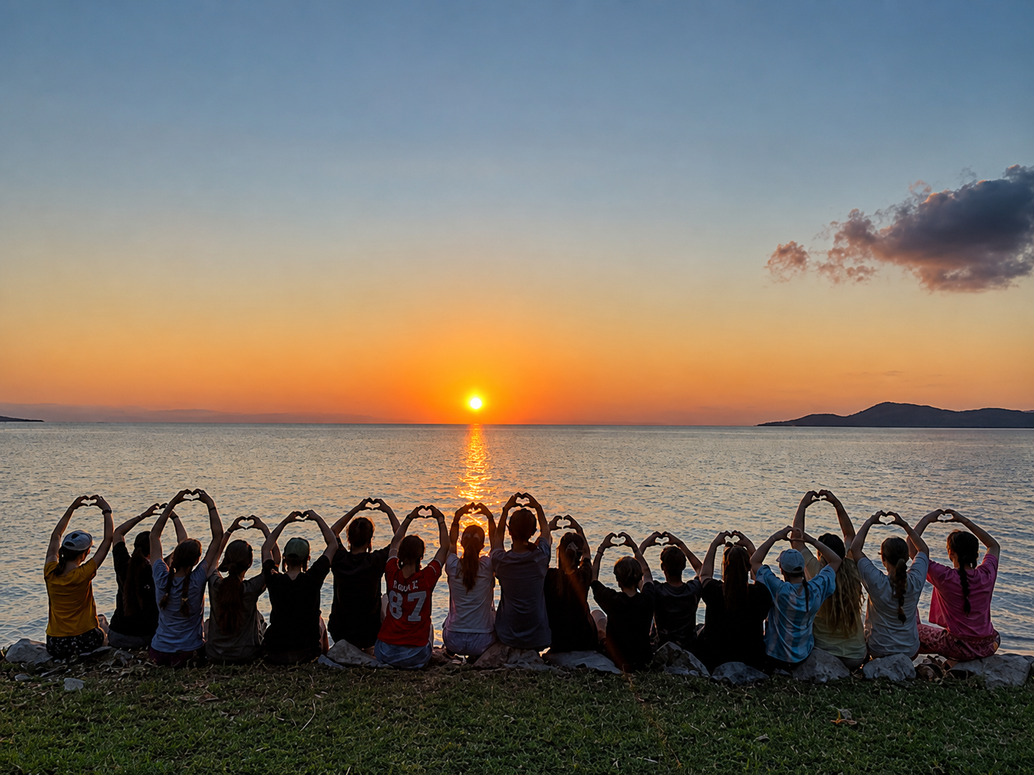 Young people sitting together by the water at sunset